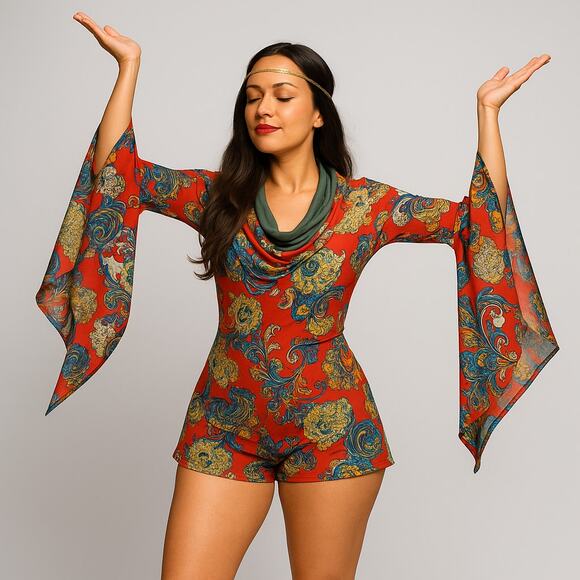 Red Long Sleeve Shortsie Jumpsuit Regal Gorgeous Pattern - Picture 1 of 6